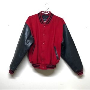 Red wool/black leather varsity jacket from GAP.